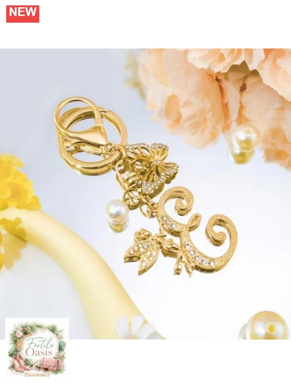 Initial Keychain Bag Charm Women Purse Charm Gold Stainless Steel Butterfly